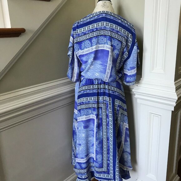Parker Dominica Midi Dress Womens Medium Blue White Faux Wrap Dolman Sleeve - Picture 10 of 11